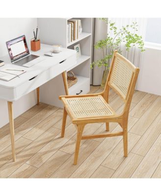 2 PCS Rattan Dining Chair with Natural Cane Woven Backrest & Seat & Teak Wood Frame