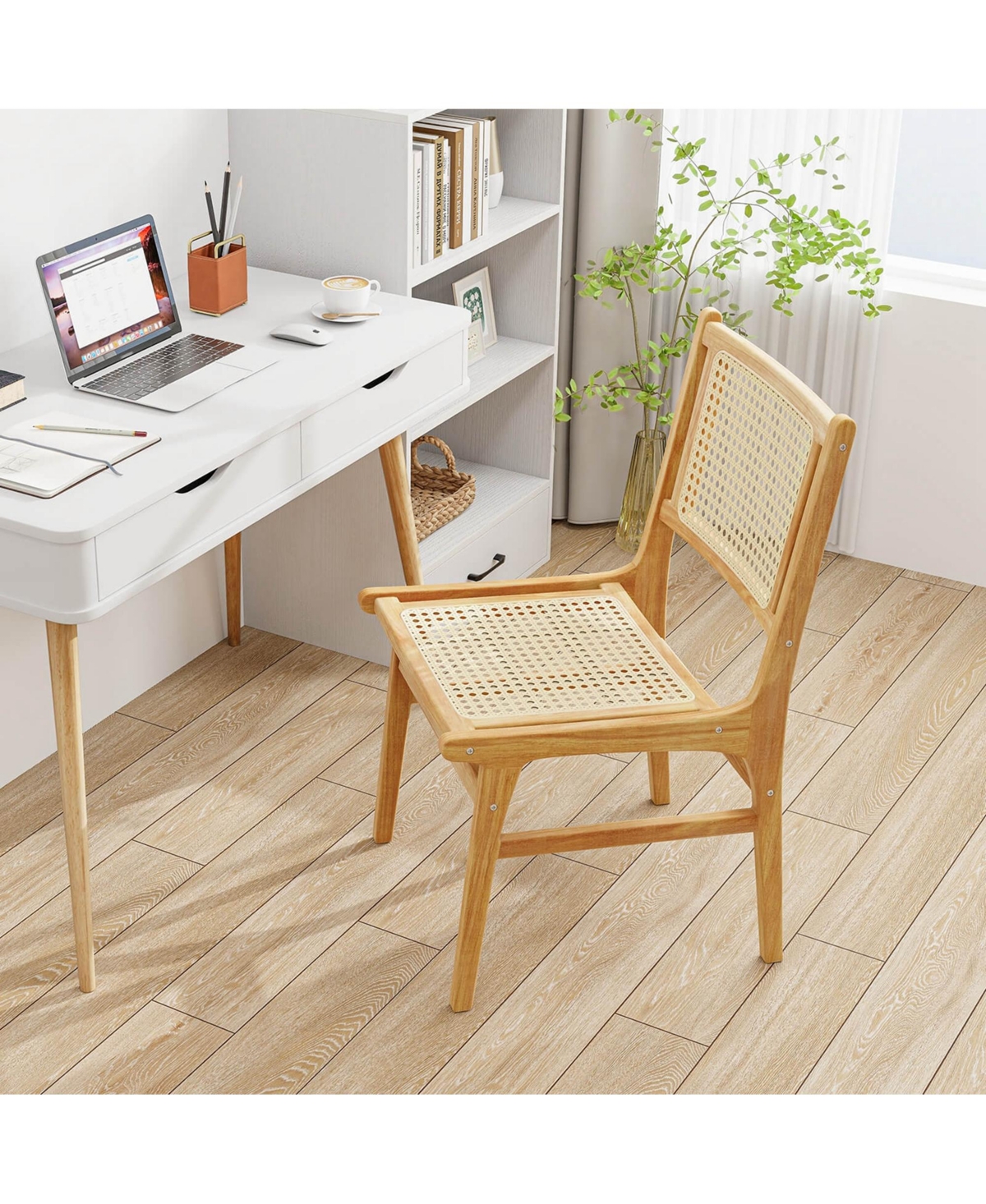 2 Pcs Rattan Dining Chair with Natural Cane Woven Backrest & Seat & Teak Wood Frame