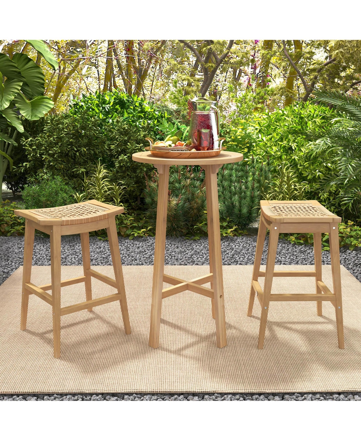 4 Pcs 29" Teak Wood Bar Stool with Footrest & Saddle Seat Boho Bar Height Stool