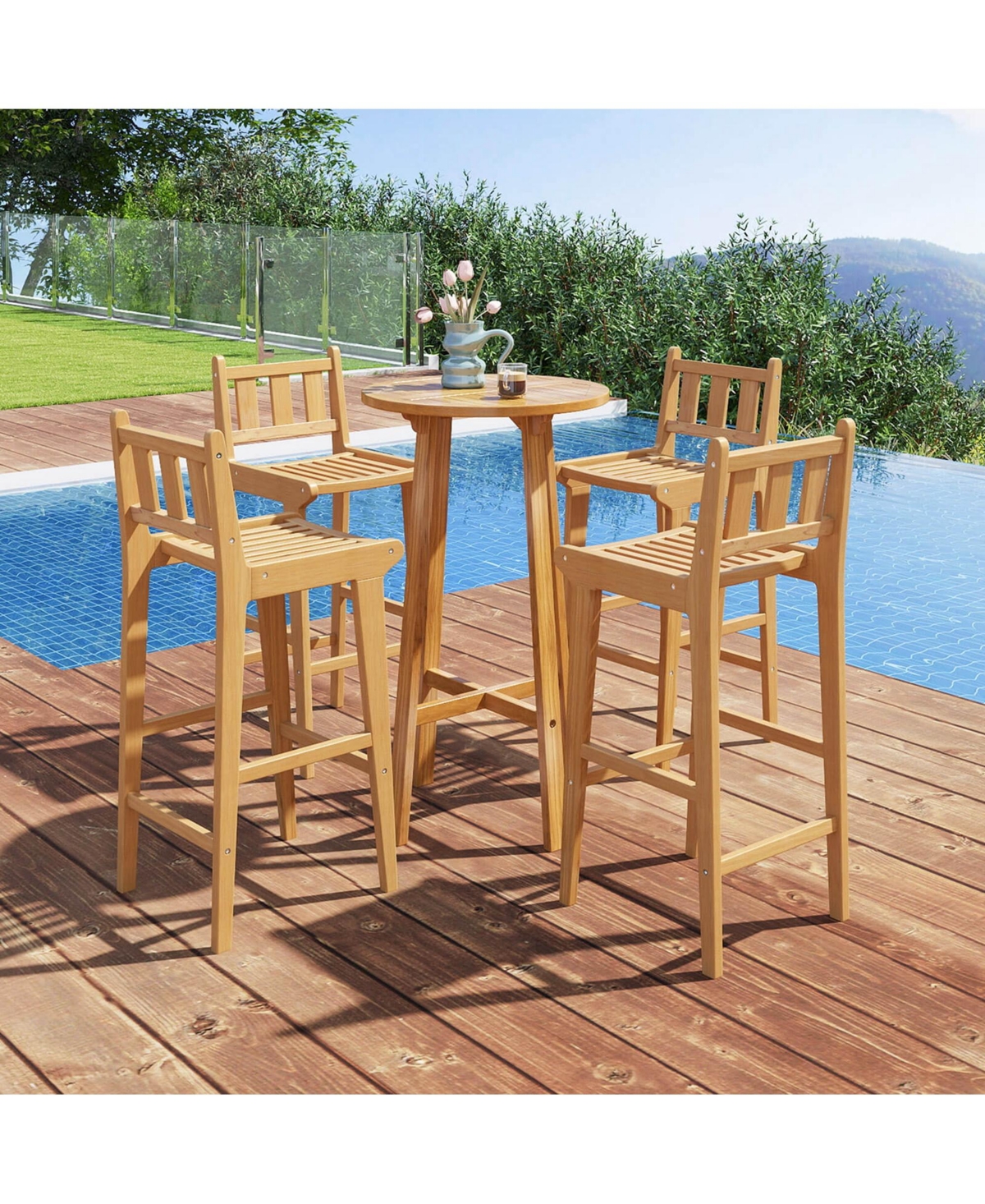 2 Pcs 30" Teak Wood Bar Stool with Footrest & Backrest Wooden Bar Height Chair