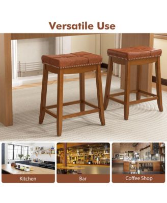 Saddle Bar Stools Set of 4 with PU Leather Seat Solid Rubber Wood Frame Footrest