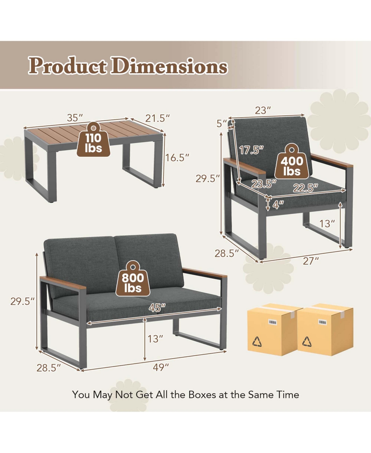 4 Pcs Patio Aluminum Furniture Set Wood-Plastic Armrests & Tabletop for Balcony