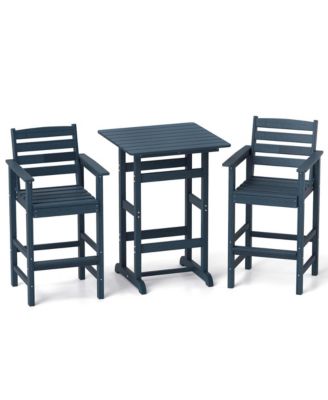 3-Piece Patio HDPE Bar Set Armchairs with Square High-Top Table Footrest & Backrest