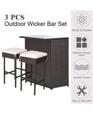 3PCS Patio Rattan Wicker Bar Table Stools Dining Set Cushioned