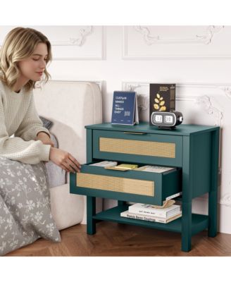 Rattan Nightstand with 2 Drawers, Open Shelf & Handles for Bedroom or Living Room