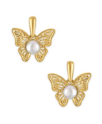 Cultured Freshwater Pearl (4mm) Butterfly Earrings in 14k Gold Over Sterling Silver