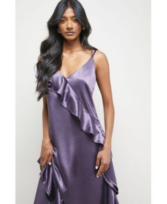 Women's Metallic Satin Ruffle Midi Slip Dress
