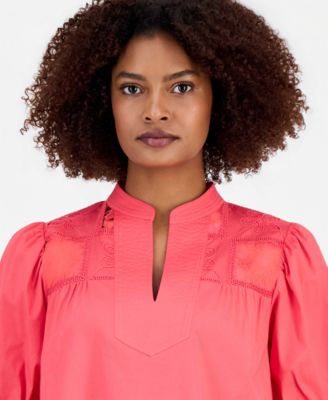 Women's Split-Neck Lace-Yoke Puff-Sleeve Top