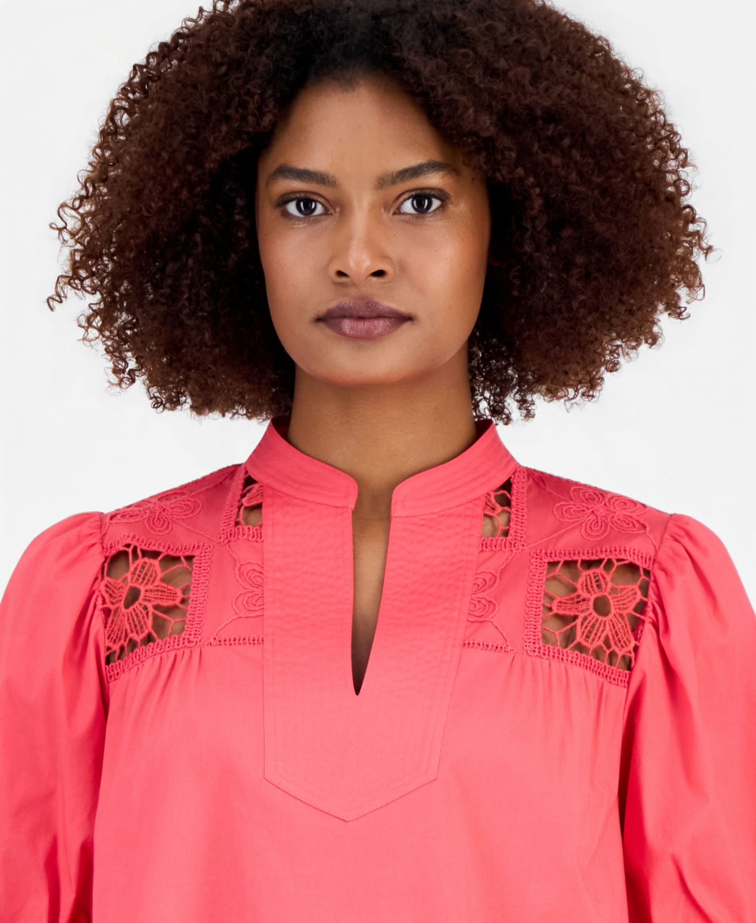 Women's Split-Neck Lace-Yoke Puff-Sleeve Top