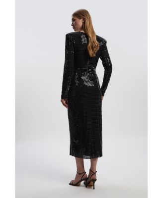 Women's Long Sleeve Plunge Neck Midi Dress