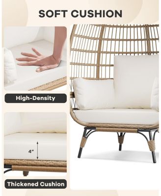 Oversized Rattan Egg Chair, Indoor/Outdoor Wicker Egg Basket Lounge with Steel Frame & 4 Cushions