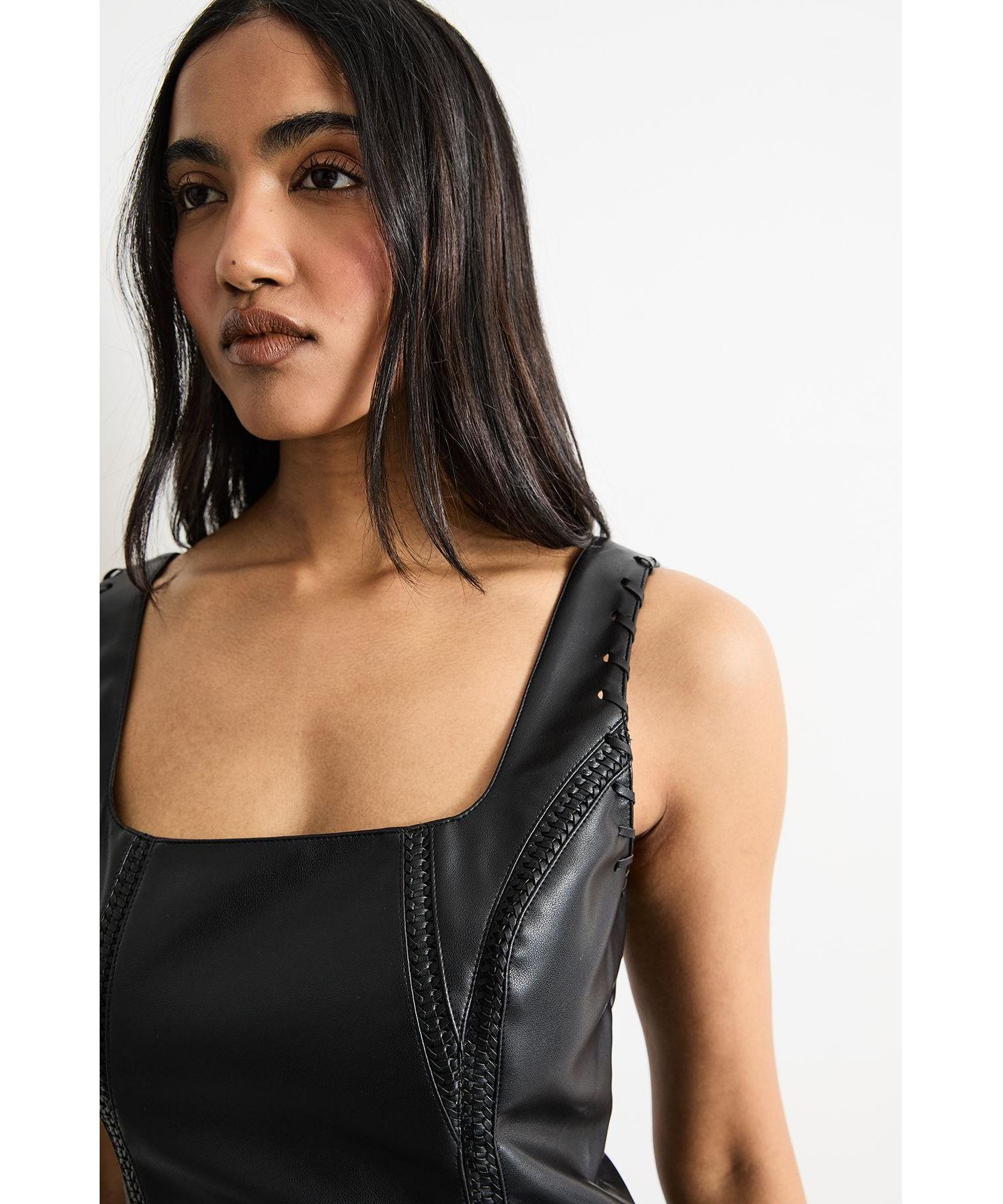 Women's Faux Leather Whipstitch Trim Midi Dress