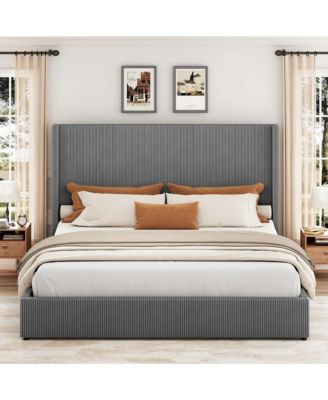 Corduroy Wingback Upholstered Platform Bed Frame with Storage Drawers, Wood Slat Support