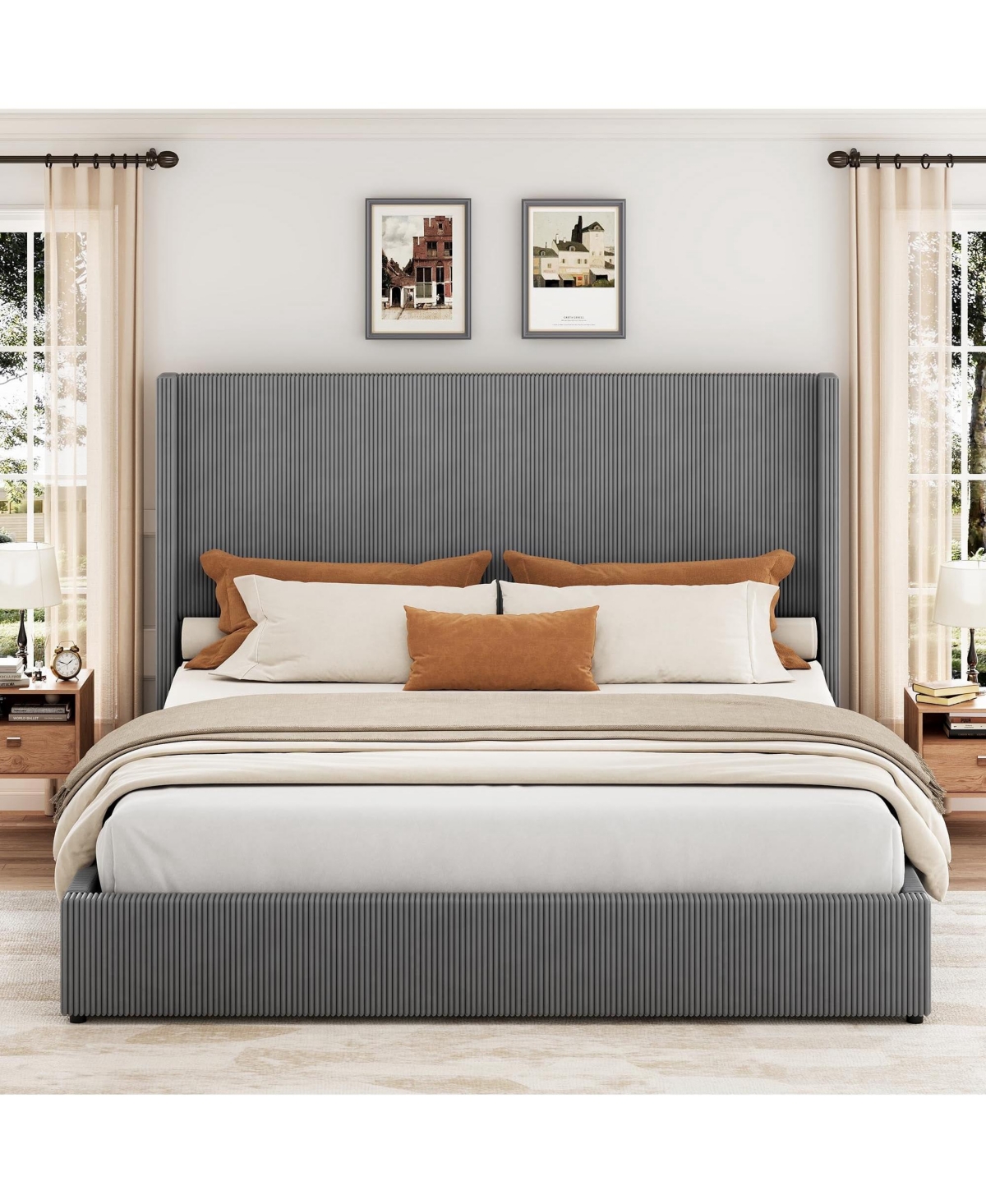 gaomon Corduroy Wingback Upholstered Platform Bed Frame with Storage Drawers