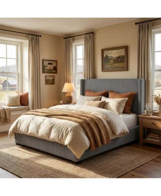 Corduroy Wingback Upholstered Platform Bed Frame with Storage Drawers, Wood Slat Support