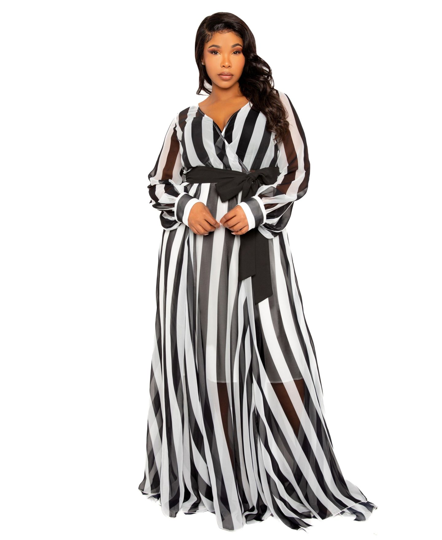 Женское платье Buxom Couture Plus Size Stripe Surplice Maxi, цвет: Чёрный белый — фото 4