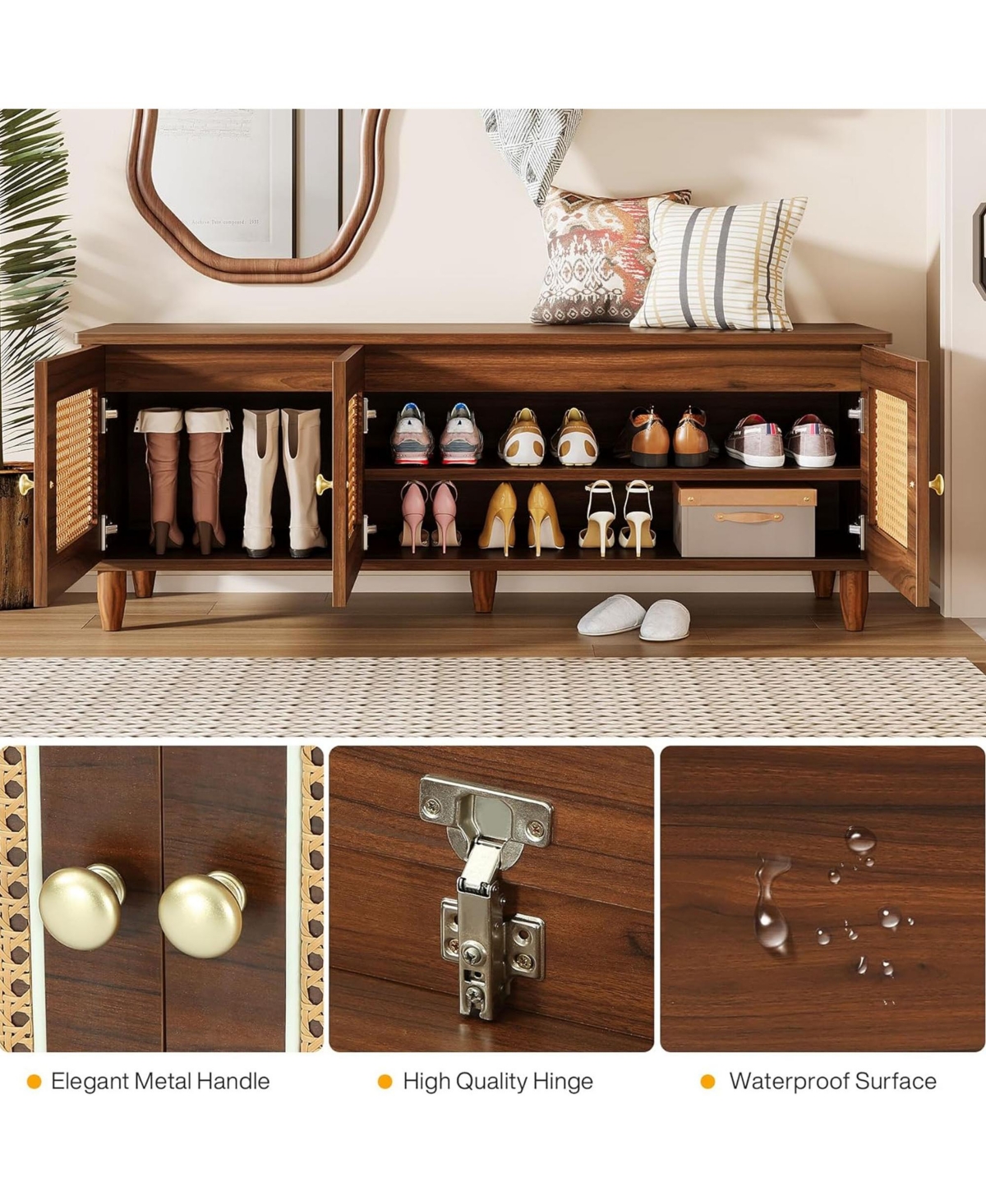 Rainsken Shoe Storage Bench - Rattan Shoe Cabinet with Lift Top and 3 Doors Design for Entryway, Living Room