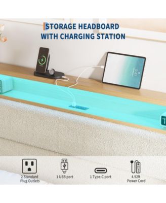 Boucle Upholstered Bed Frame with LED Lights and Charging Station with 2-Tier Storage Shelves