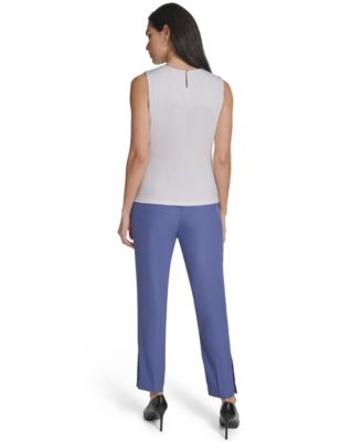 Petite Crew Neck Sleeveless Pleated Top