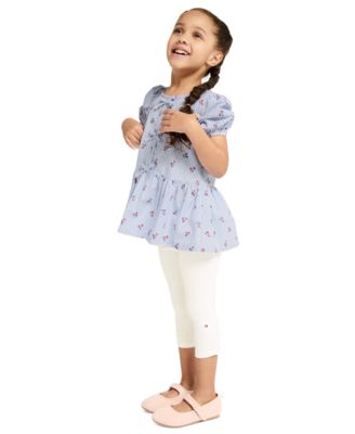 Girls' 4-6X Round Neck Short-Sleeve Top and Cropped Leggings, 2-Piece Set