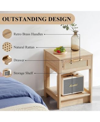 Wooden Rattan Nightstand with Drawer and Open Storage Shelf – End Table