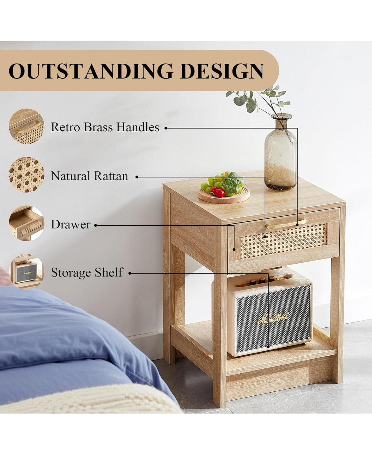 Rainsken Wooden Rattan Nightstand with Drawer and Open Storage Shelf – End Table