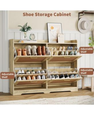 Rattan Shoe Storage Cabinet with 4 Flip Drawers, Hidden Shoe Storage Organizer Cabinet, Wide Freestanding Wood Breathable Shoe Rack Cabinet