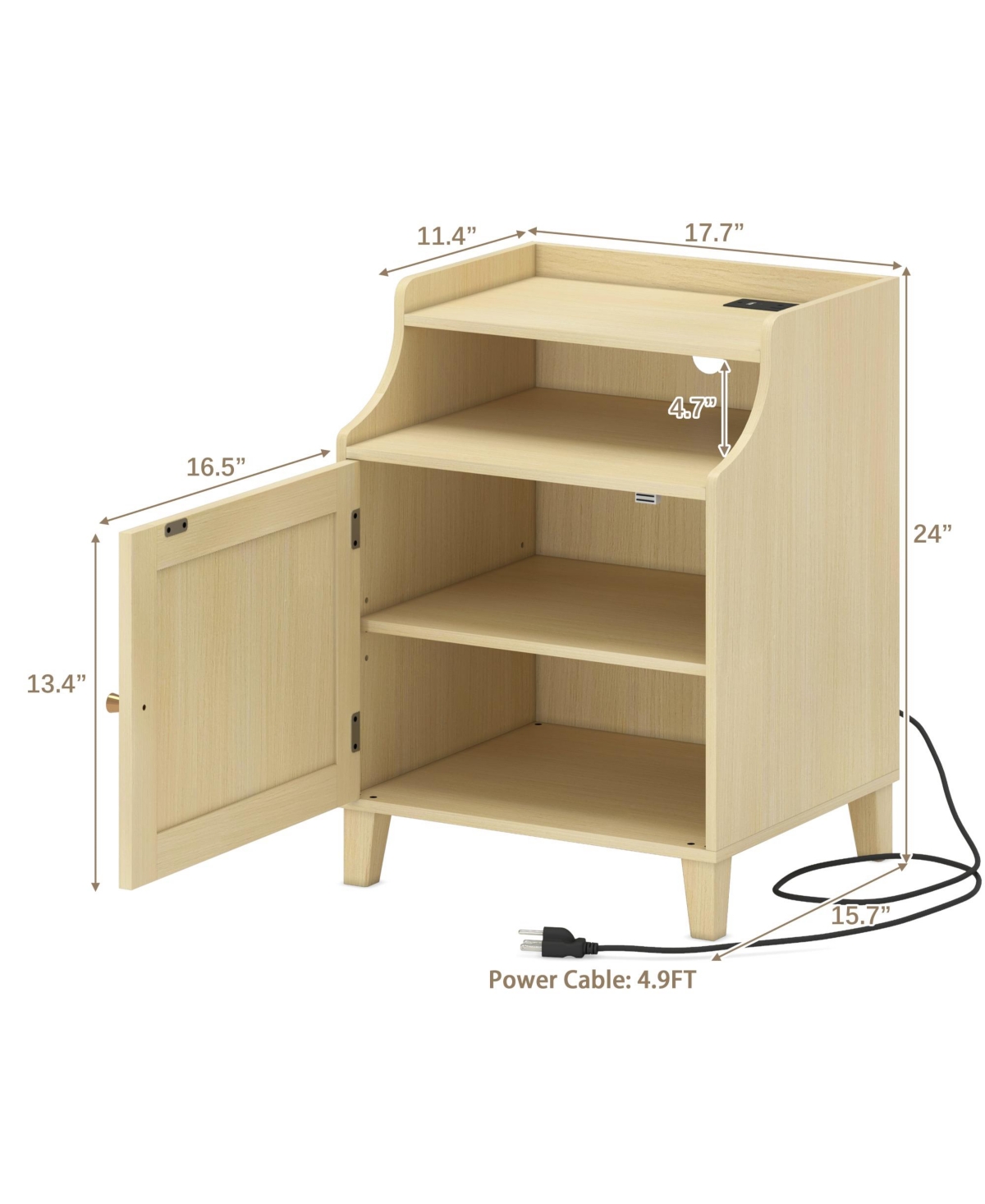 Rainsken Wood Nightstand with Charging Station, Bedside Table with Rattan Door and Adjustable Shelf, Farmhouse Side Table for Bedroom
