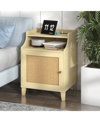 Wood Nightstand with Charging Station, Bedside Table with Rattan Door and Adjustable Shelf, Farmhouse Side Table for Bedroom
