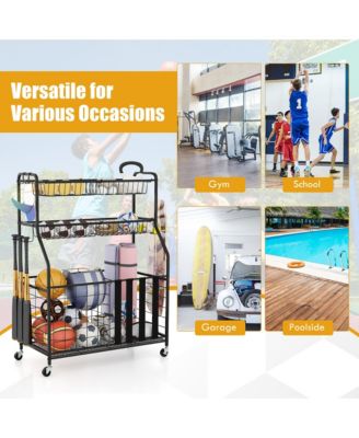Garage Sports Equipment Organizer w/ Wheels Hooks & Baskets for Basketball