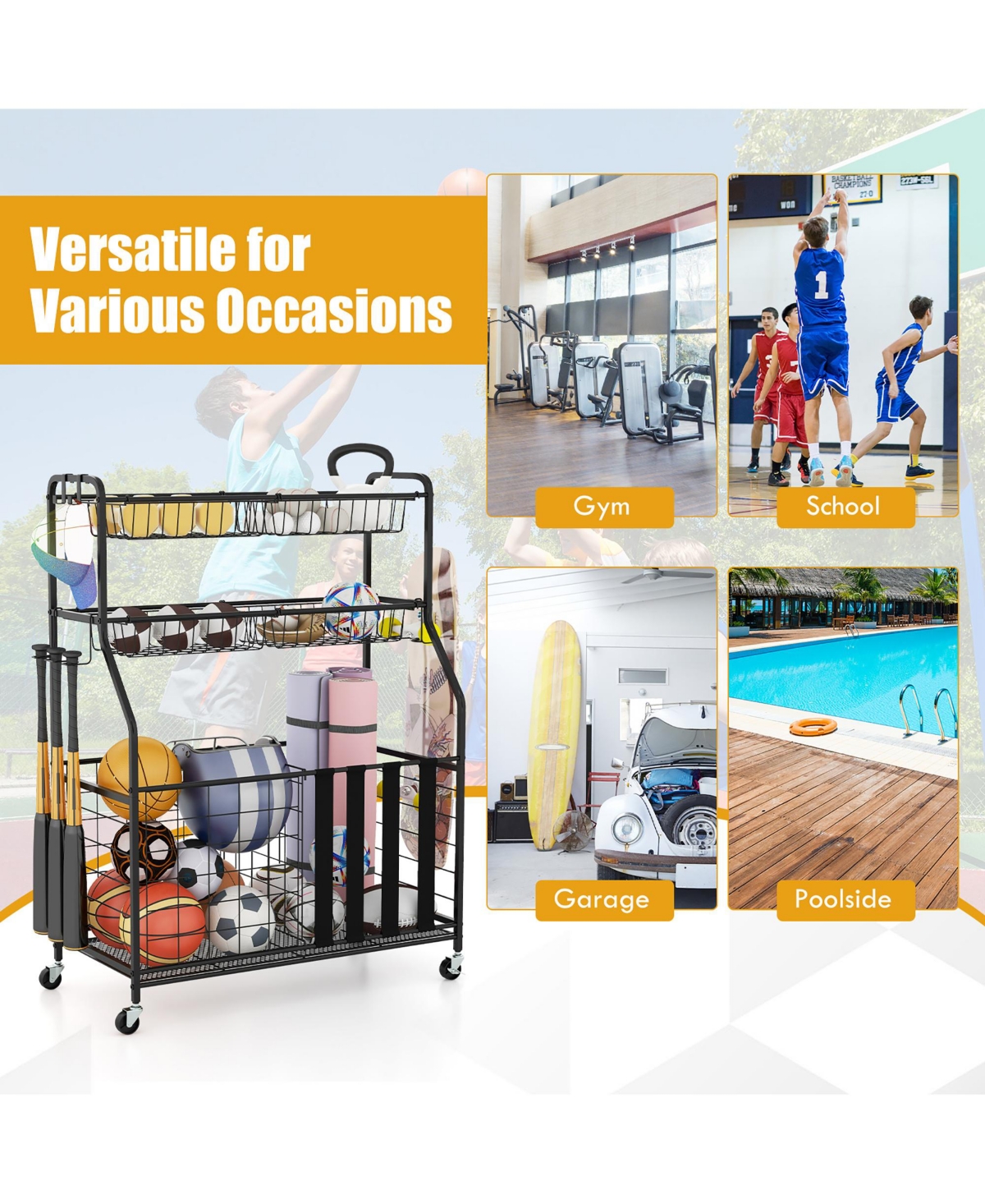 Gymax Garage Sports Equipment Organizer w/ Wheels Hooks & Baskets for Basketball