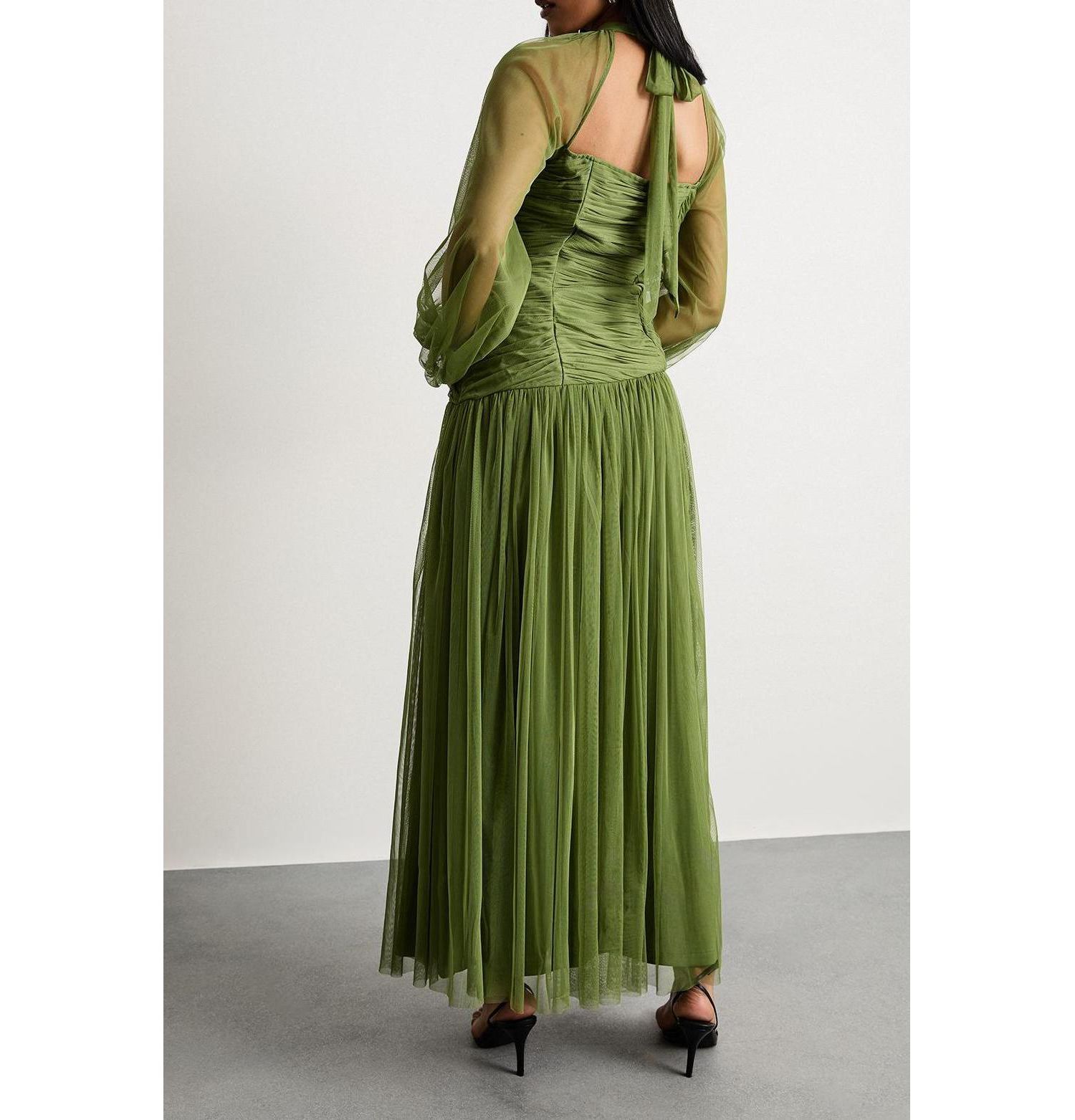 Women's Bow Detail Gathered Tulle Maxi Dress