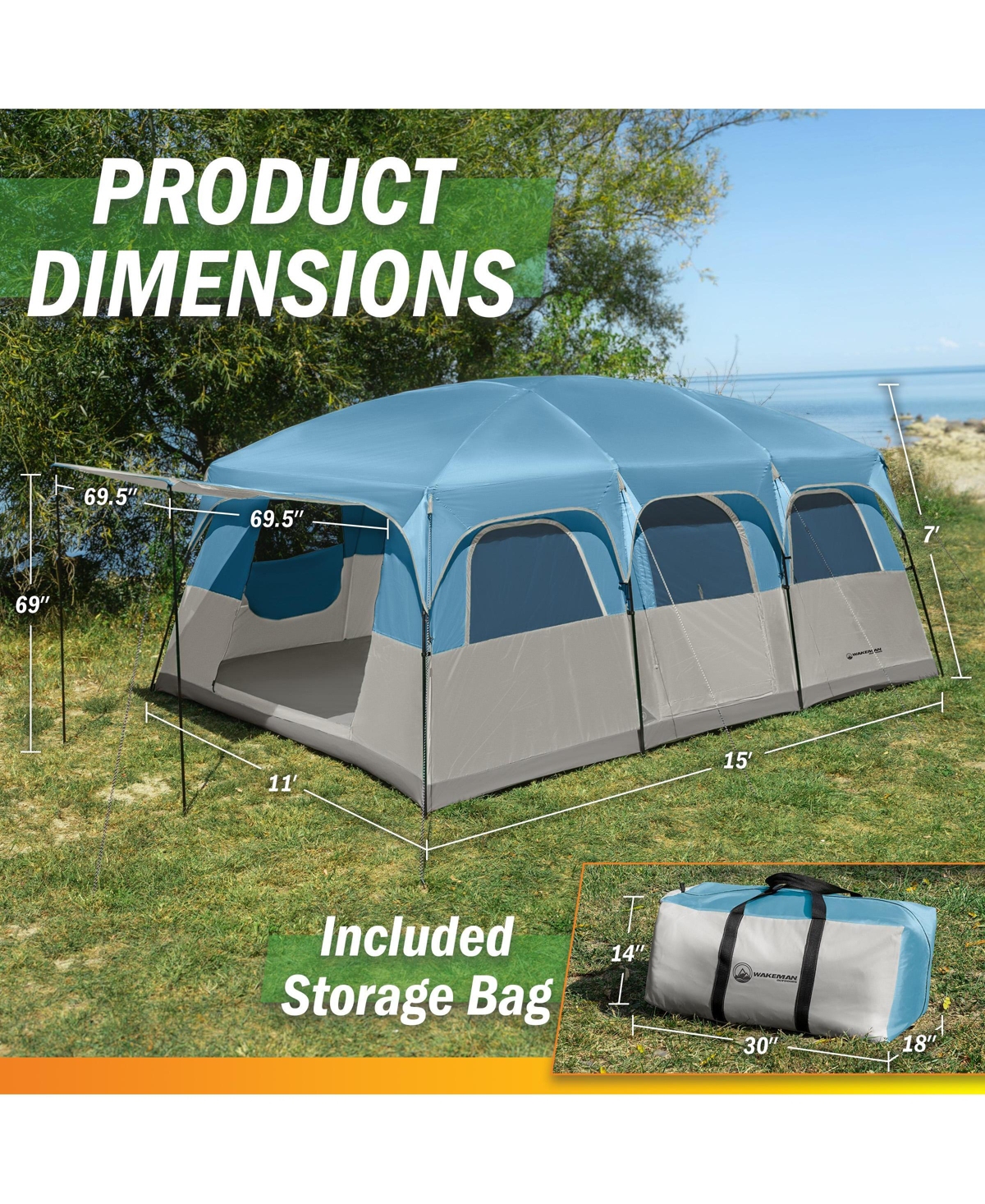 Wakeman Outdoors 12 Person Large Camping Tent Tall Family Cabin Shelter with 2 Room Dividers, 6 Mesh Windows