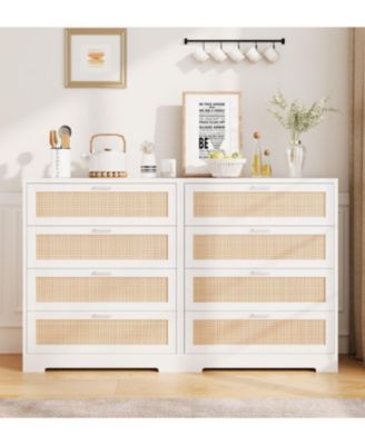 Tall 4 Drawer Wooden Rattan Dresser with Metal Pulls and Built In Power Ports