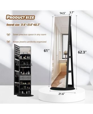 360° Swivel Lockable Rattan Jewelry Cabinet with Full Length Mirror and Display Shelves