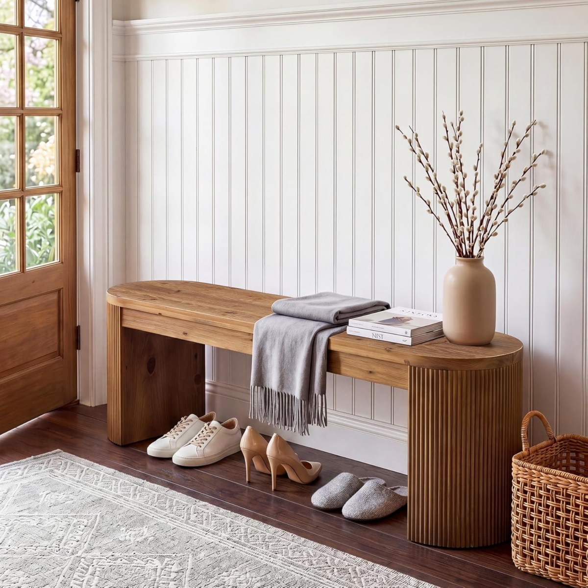 Tribesigns 55" Solid Wood Entryway Bench, Upholstered Bedroom Bench with Faux Lamb Wool, Dining Bench