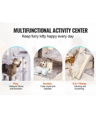 Light Grey Indoor Cat Tower, 68.5" with Condos, Scratching Posts, Hammocks & Ramp, Pet Furniture