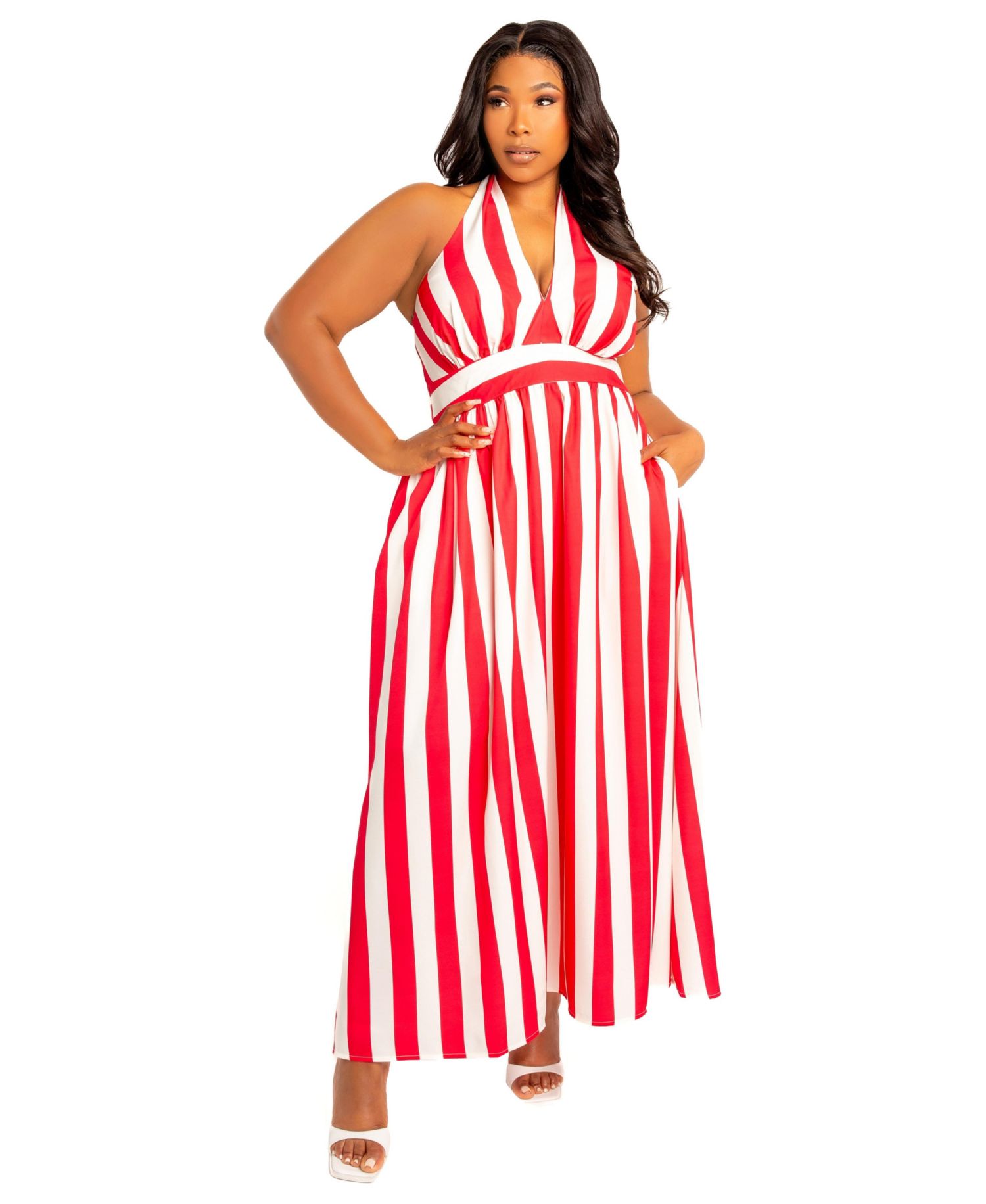 Plus Size Stripe Halter Neck Maxi Dress