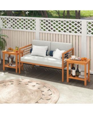 Acacia Wood Patio Side Table with Slatted Top and Storage Shelf