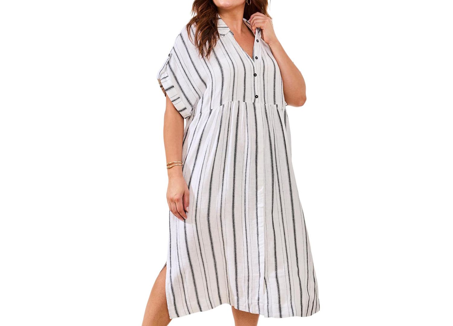 Plus Size Yarn Dye Stripe Flowy Shirt-Dress