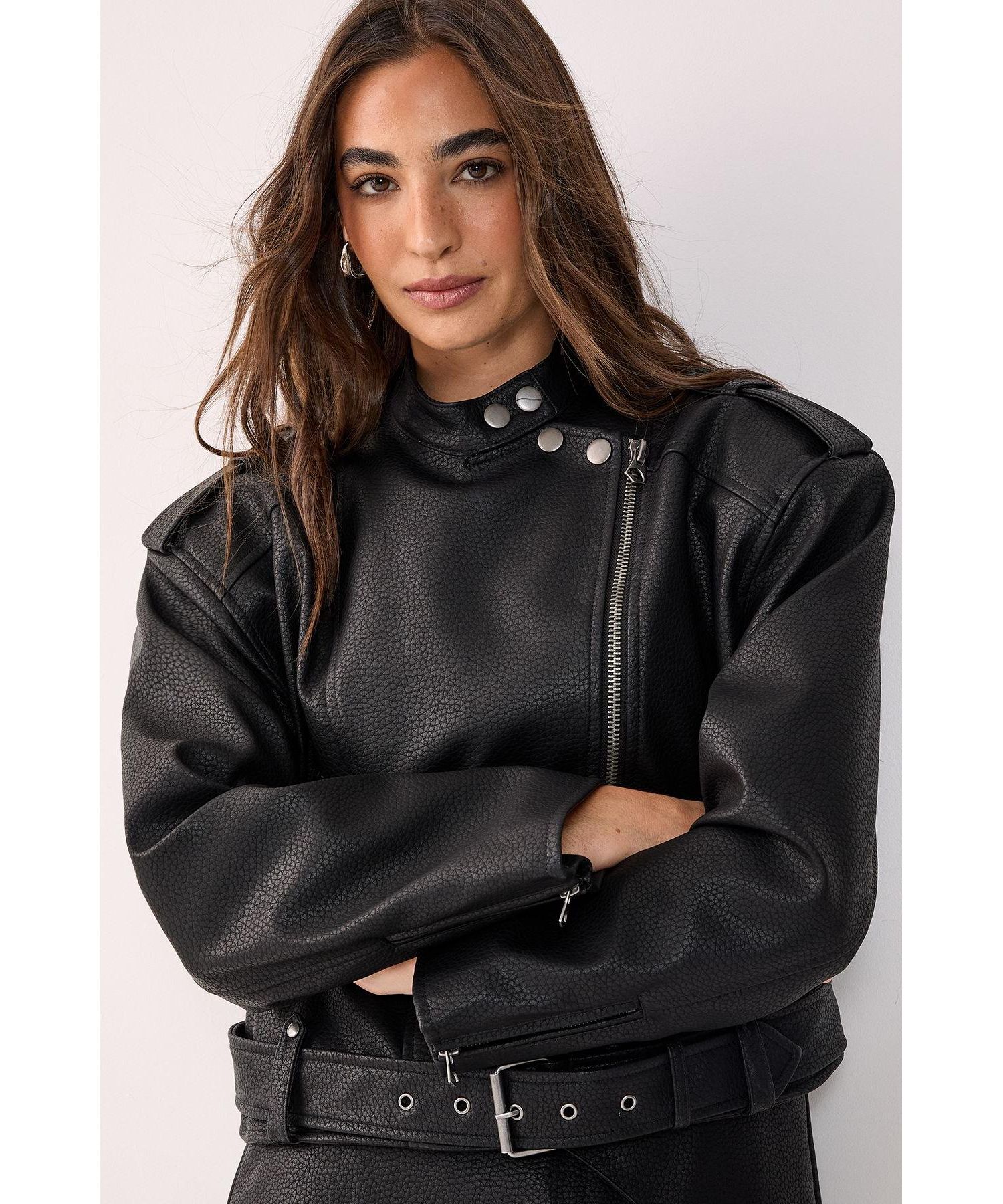 Women's Belted Faux Leather Biker Jacket
