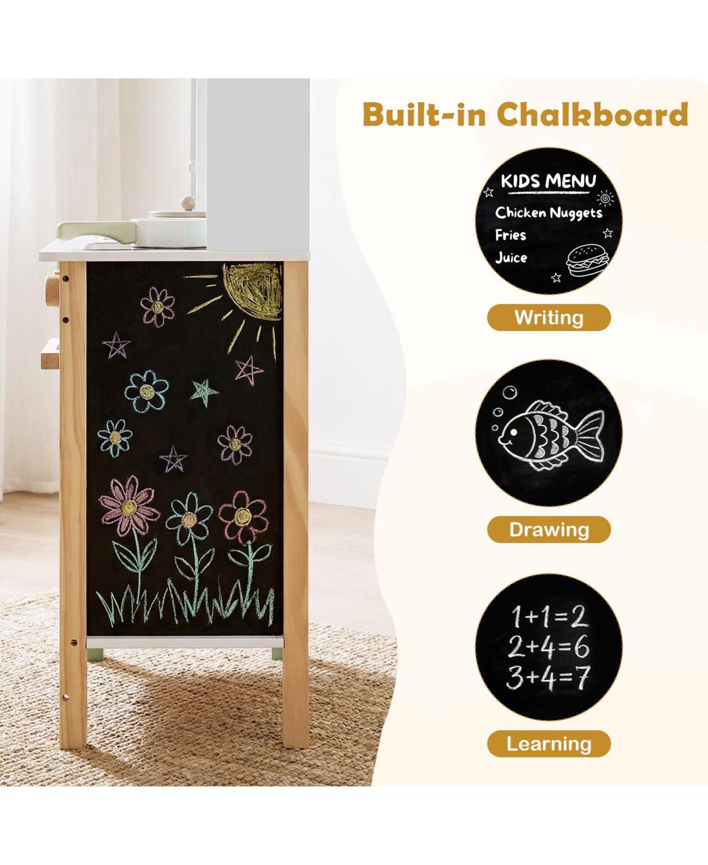 Детская игрушка Mecale Wooden Play Kitchen with Chalkboard, 13 Accessories, Ages 3+, цвет: Коричневый — фото 7