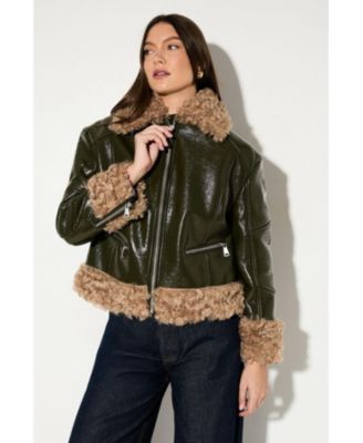 Women's Premium Faux Fur Collar Aviator Jacket
