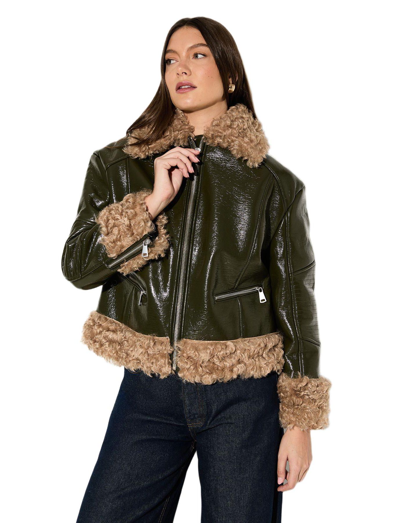 Женская куртка MissPap Premium Faux Fur Collar Aviator, цвет: Оливковый — фото 1
