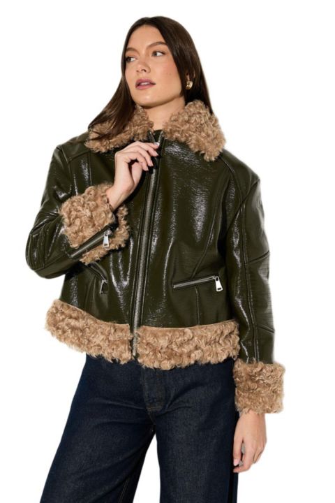 Женские куртки MissPap Women's Premium Faux Fur Collar Aviator Jacket