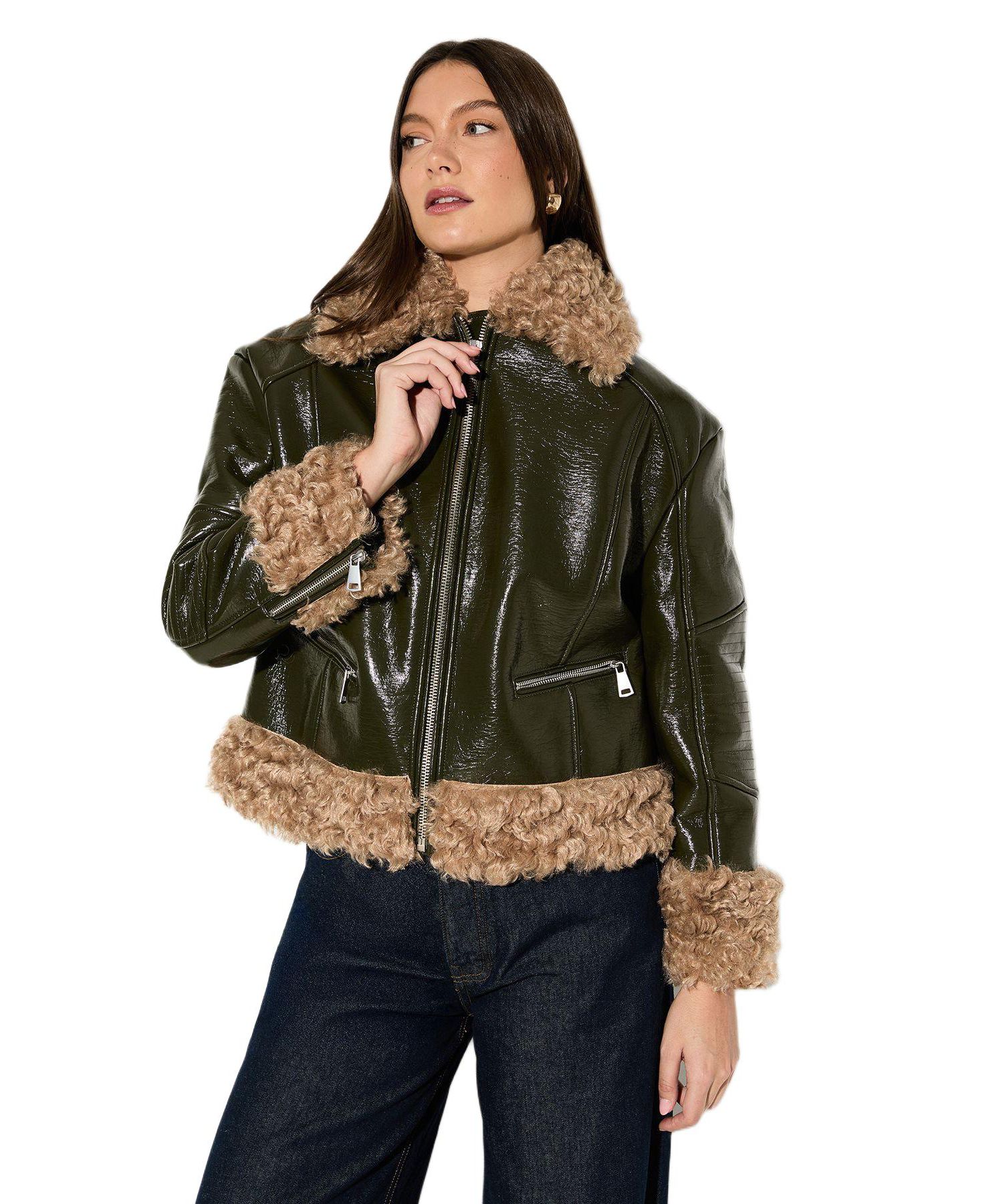 Women's Premium Faux Fur Collar Aviator Jacket