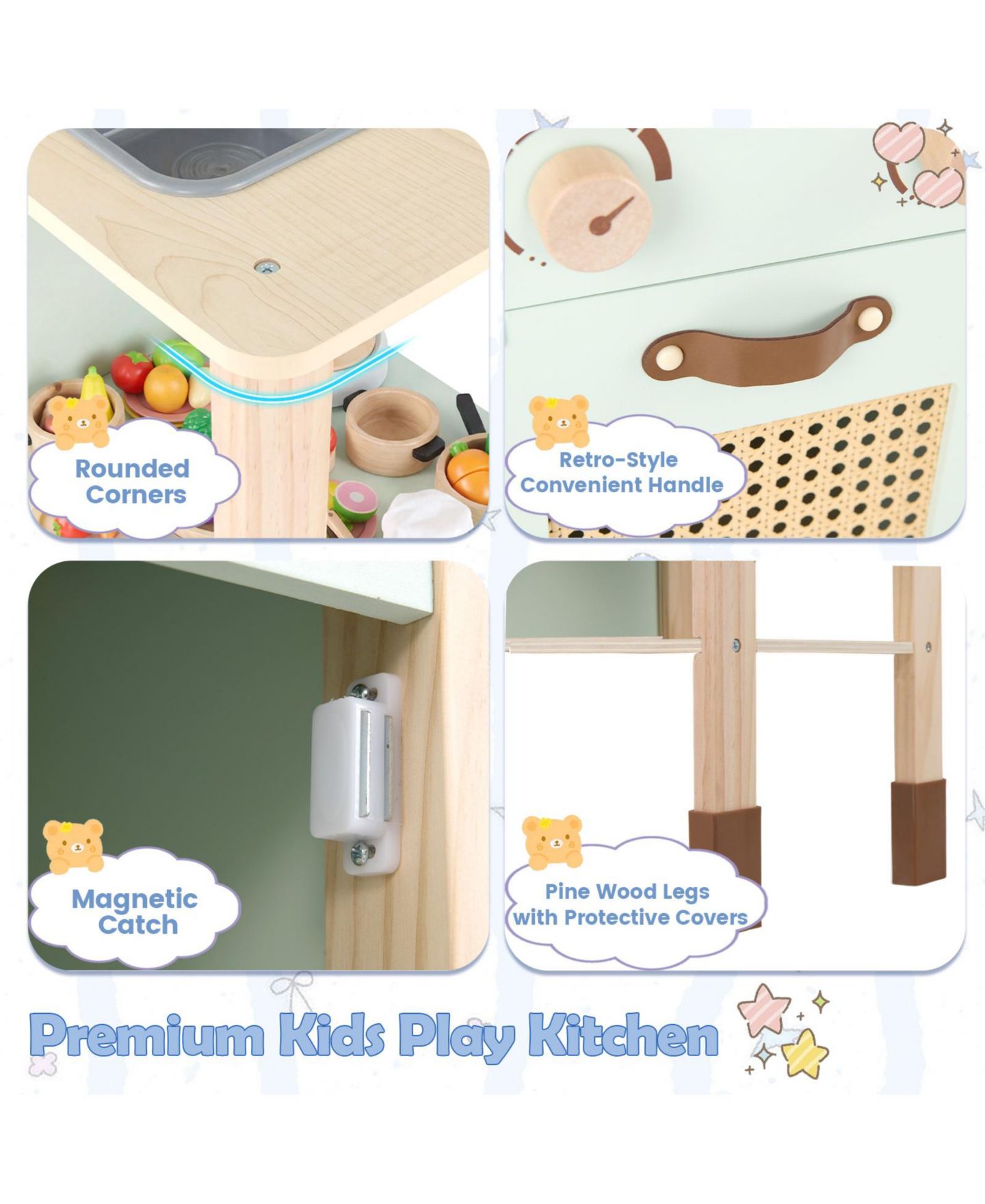 Детская игрушка Mecale Retro-Style Wooden Play Kitchen with Lights and Sounds, Ages 3+, цвет: Зелёный — фото 8