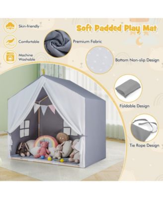 Kids Play Tent with Washable Cotton Mat and Flag Banner, Indoor Playhouse