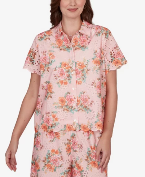 Petite Floral Scalloped Hem Camp Shirt - Light Rose Multi