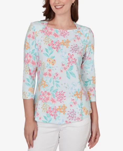 Petite Blooming Floral Envelope Neck Knit Top - Sea Glass Multi